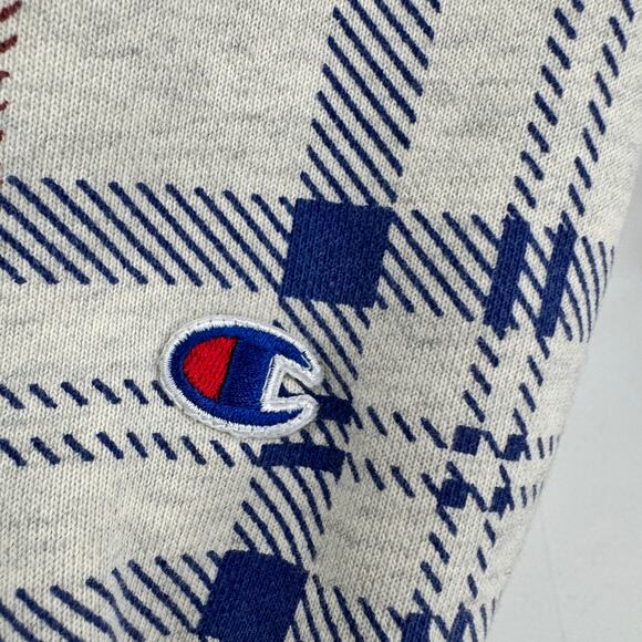 Champion Hoodie Mens Small Reverse Weave Gray Blue Plaid Pullover Comfy - Picture 8 of 9